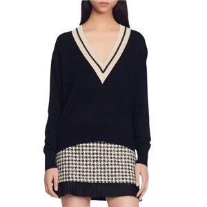 Sandro Bridget Black Wool Cashmere Sweater Cream Varsity Stripe Deep Vneck small